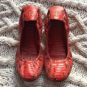 Tory butch red snakeskin leather flats